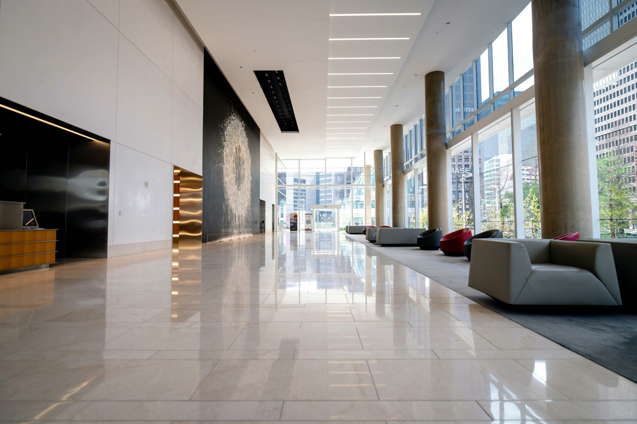 Sparkling clean corporate building hallway polished by Smart Service