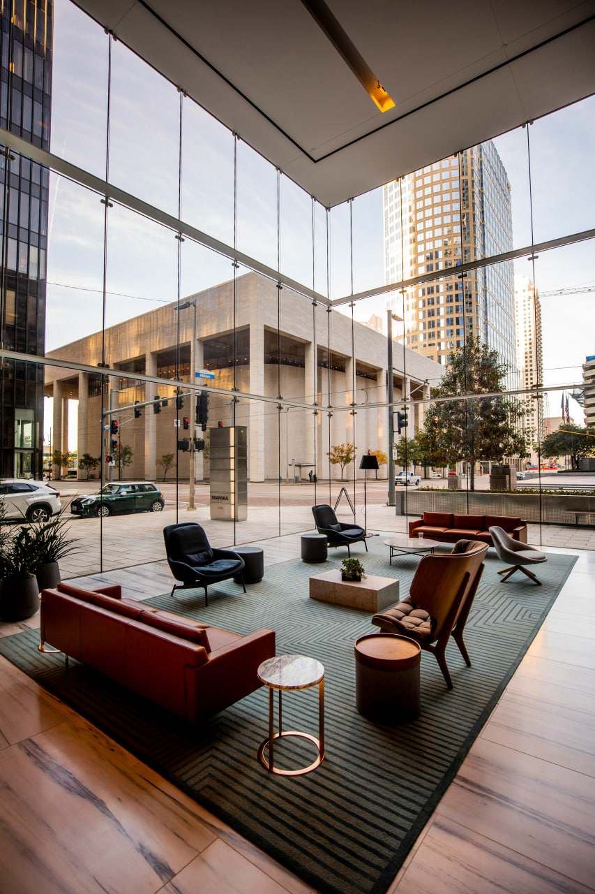 Pristine modern corporate glass building lobby curated by Smart Service